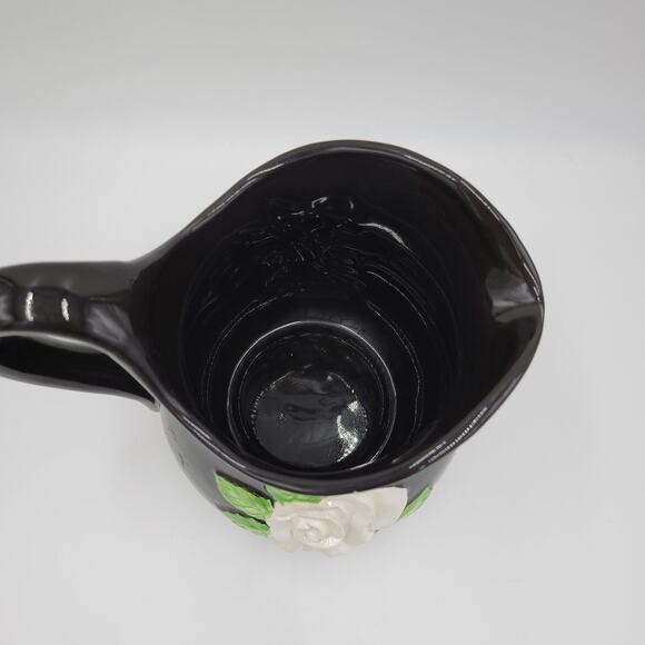 Vintage Fitz & Floyd Pitcher Black White Rose Floral Pattern Ceramic Handpainted - Picture 2 of 9